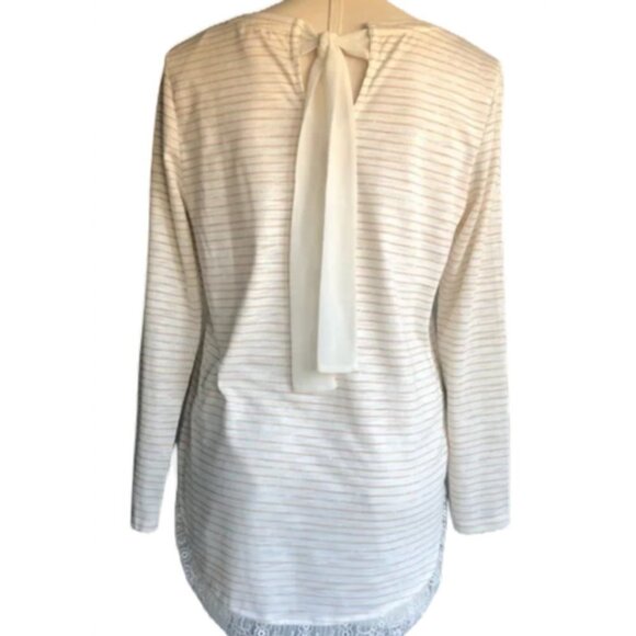 Lauren Conrad Top White Gold Stripe Rayon Stretch Knit Lace Trim || Med EUC - Picture 1 of 15